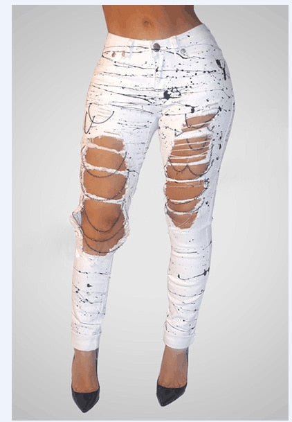 Mid-waist Hole Chain Jeans