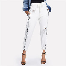 Load image into Gallery viewer, Letter Ripped Drawstring Jeans