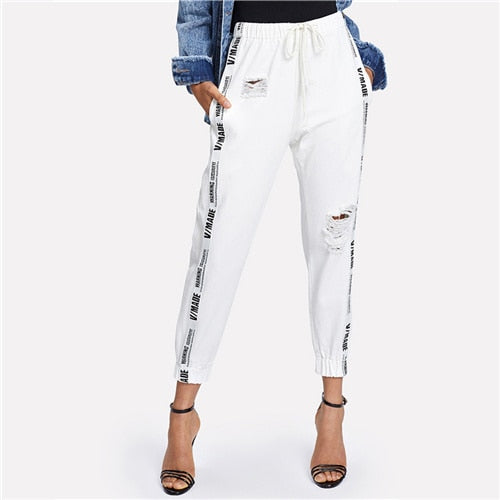 Letter Ripped Drawstring Jeans
