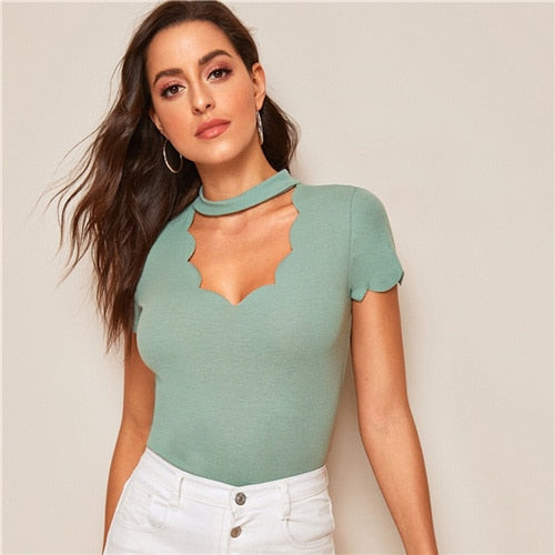 Elegant Mock Neck Scallop Trim T-shirt
